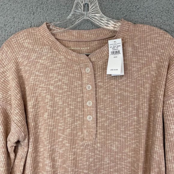 NWT American Eagle Womens Small Long Sleeve Henley T-Shirt Top Brown Thermal - Picture 2 of 9